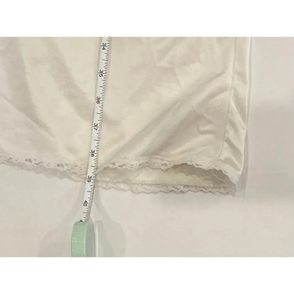 Vintage 80s Sears Ivory Satin Slip Dress, Lace Trim, Size 36, M